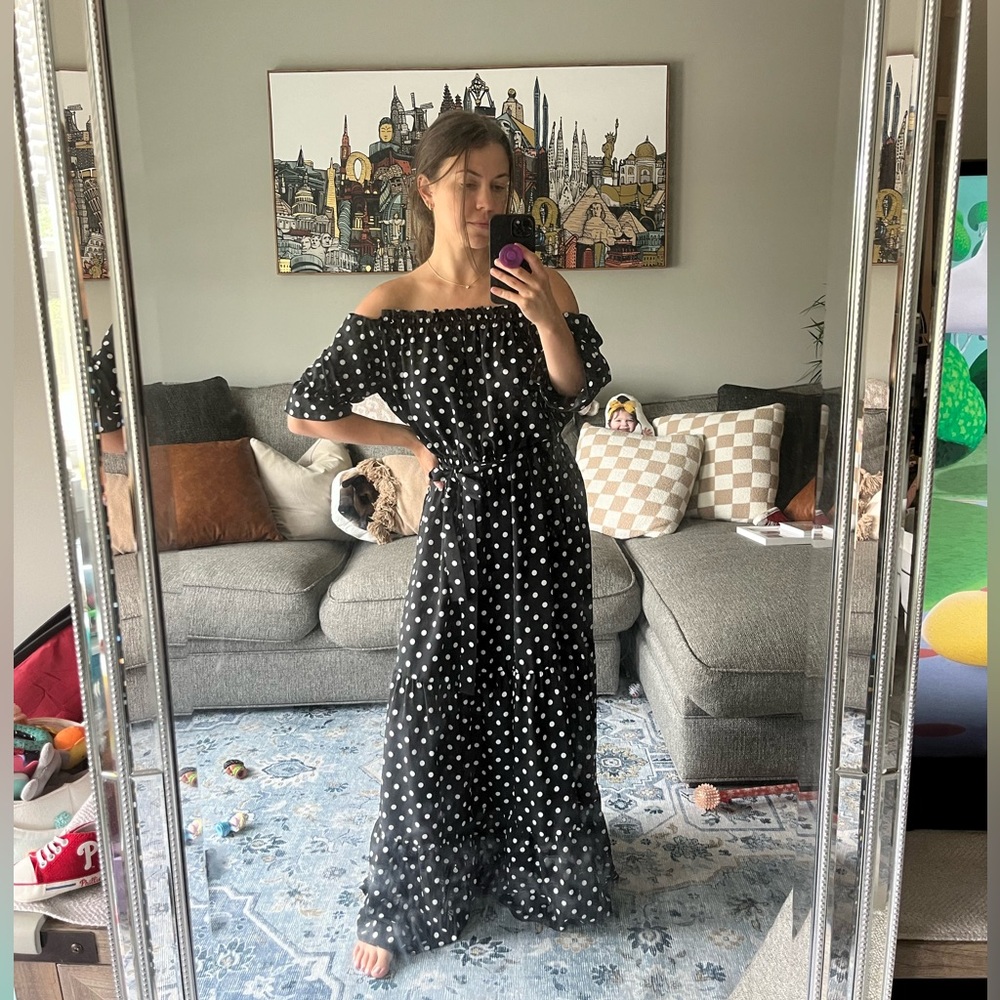 Black and White Polka Dot Off the Shoulder Maxi Dress